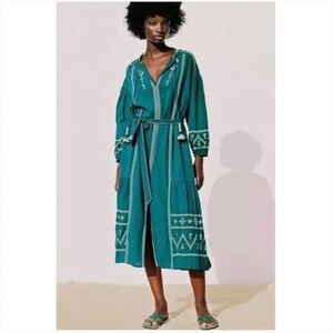 ZARA teal embroidered belted midi kaftan boho dress NWT size XS boxP